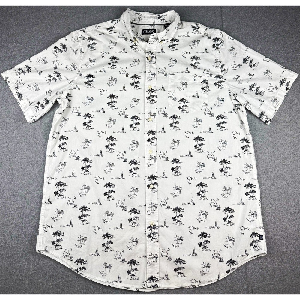 Chaps Mens XL Tropical Shirt White Black Palm Tree Sailboat Short Sleeve Cotton